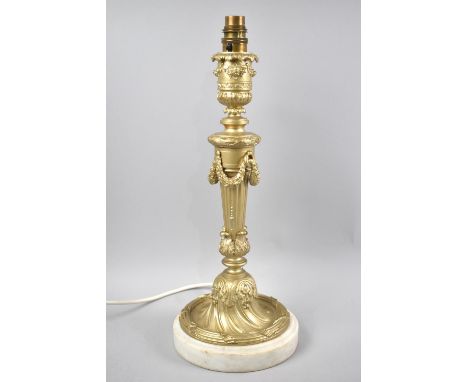 A Gilt Bronze French Table Lamp Base of Classical Vase Form with Floral Swag Decoration Set on Circular Marble Plinth, No Sha