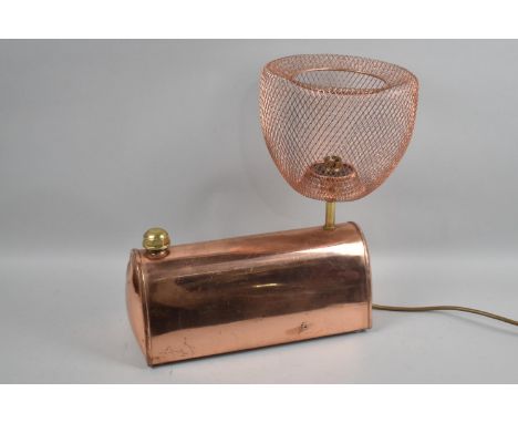 A Novelty Table Lamp Formed From a Vintage Copper Hot Water Bottle with Copper Wire Shade 