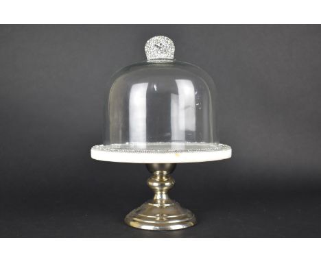 A Modern Circular Stone and Silver Plated Cake Stand with Jewelled Decoration and Having Glass Dome Cover, 21.5cm diameter 