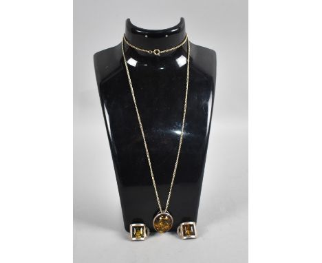 A Matched Suite of Silver and Amber Jewellery to include Oval Necklace and a Pair of Square Clip on Earrings 