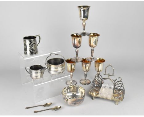 A Collection of Silver Plate to Comprise Walker &amp; Hall Sugar Bowl of Cauldron Form with Ribbed Trim, Twin Handles and Rai