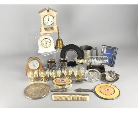 A Collection of Various Items to Comprise Silver Plate Mounted Tot Glasses, Aynsley Clocks, Ship in a Bottle, Silver Plated D