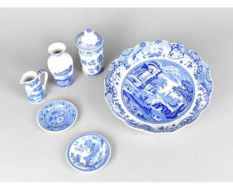 Five Pieces of Blue and White Spode to Comprise Italian Pattern Scallop Edged Shallow Bowl, Miniature Vase, Jug, Storage Jar 