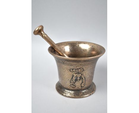 An Early Polished Bronze Pestle and Mortar Decorated in Relief with Portrait of King Charles II, 13.5cms Diameter and 10cms H