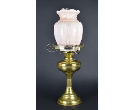 A Mid 20th Century Brass Oil Lamp with Unrelated Earlier Shade 