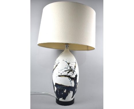 A Large Ceramic Oriental Vase Shaped Table Lamp Decorated with Blossom, Complete with Shade, Overall Height 64cms 