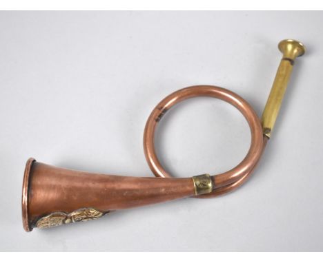 A 1931 Copper and Brass Small Hunting Horn in the French Style with Brass Moulded Mount Depicting Horses Head and Monogrammed