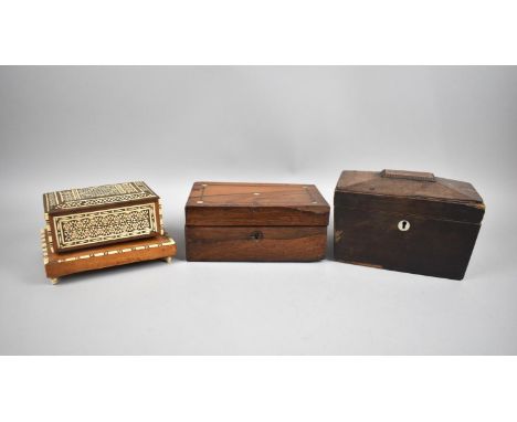 A Mid 19th Century Mahogany Sarcophagus Shaped Tea Caddy for Full Restoration, a Mother of Pearl Inlaid Work Box and a Visakh