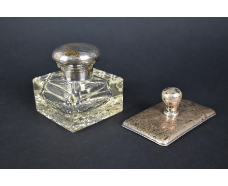 A Silver and Glass Inkwell of Cube Form, 9cm high Together with a Silver Blotter (AF) 