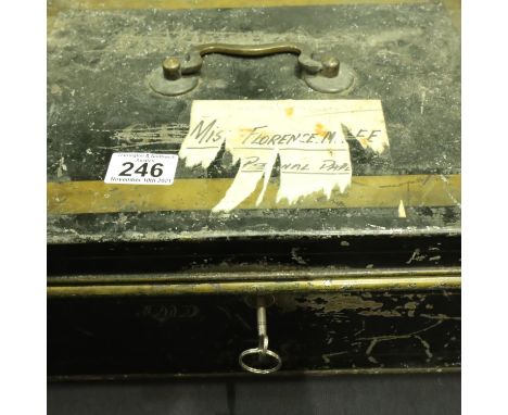 A Victorian tin deed box with key, 39 x 28 x 15 cm H. P&amp;P Group 2 (£18+VAT for the first lot and £3+VAT for subsequent lo