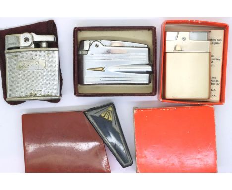 Three cased vintage Ronson lighters and an Art Deco bakelite cigarette box. P&amp;P Group 1 (£14+VAT for the first lot and £1