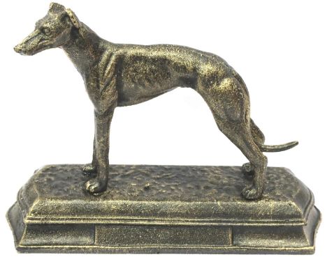 A bronzed cast iron standing greyhound, L: 23 cm. P&amp;P Group 3 (£25+VAT for the first lot and £5+VAT for subsequent lots) 