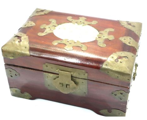 Oriental lined casket with brass mounts and inset carved jade plaque, 20 x 10 x 14 cm. P&amp;P Group 2 (£18+VAT for the first
