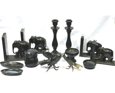 Collection of carved ebony and horn items including bookends, bird figurines etc. P&amp;P Group 3 (£25+VAT for the first lot 
