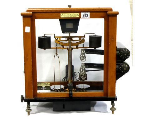 Oertling mahogany cased Releas-O-Matic Balance scales, including weights, 44 x 25 x 50 cm H. Not available for in-house P&amp