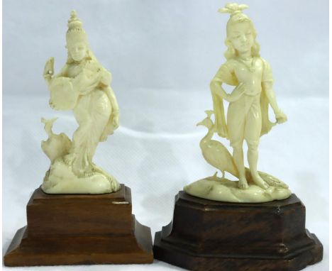 Pair of carved antique ivory deities on plinths, largest H: 10 cm. P&amp;P Group 1 (£14+VAT for the first lot and £1+VAT for 