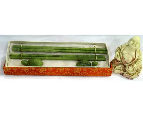 Boxed set of carved jade chopsticks with turtle form rests and a small Buddha figurine. P&amp;P Group 1 (£14+VAT for the firs