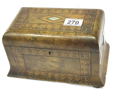 Edwardian twin compartment walnut tea caddy with boxwood inlay, 23 x 15 x 14 cm H, one foot loose but present, damage to one 