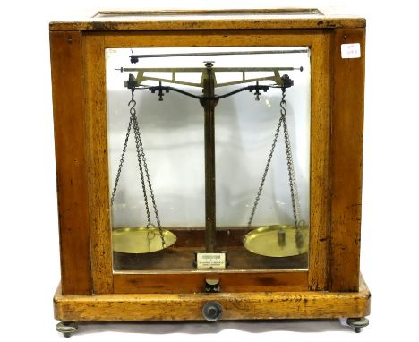 George &amp; Becker set of vintage scientific walnut cased precision scales, 42 x 24 x 45 cm H. Not available for in-house P&
