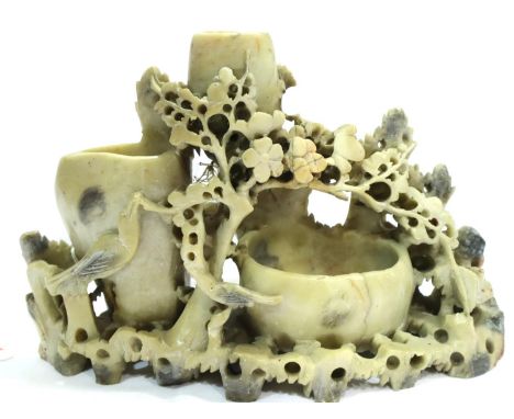 Chinese carved soapstone brush pot, decorated with birds and prunus blossom, L: 23 cm. P&amp;P Group 1 (£14+VAT for the first