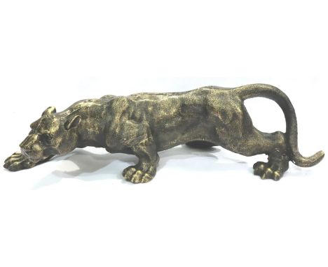 A bronzed cast iron stalking tiger, L: 41 cm. P&amp;P Group 3 (£25+VAT for the first lot and £5+VAT for subsequent lots) 