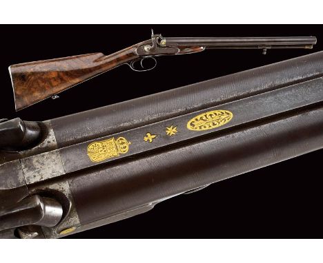 dating: Mid 19th Century provenance: Spain, Round, smoothbore, twisted, browned, 17.5 mm cal barrels, with rib marked in gold