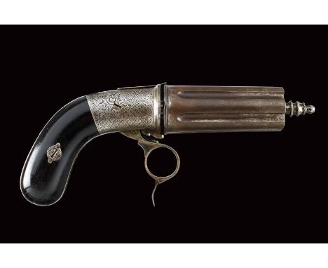dating: about 1855 provenance: Belgium, Six-shot, 8 mm cal barrel/cylinder group; the central pin can be unscrewed to load th