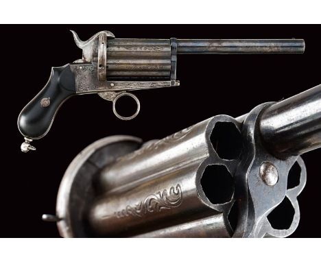 dating: about 1870 provenance: France, Round, smoothbore, 9 mm cal barrel with front sight; six-shot cylinder engraved with f