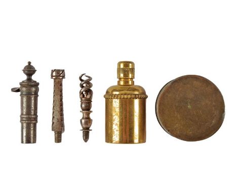dating: 19th Century provenance: Europe, An oil can with a brass container. A round, brass case. Together with three iron too