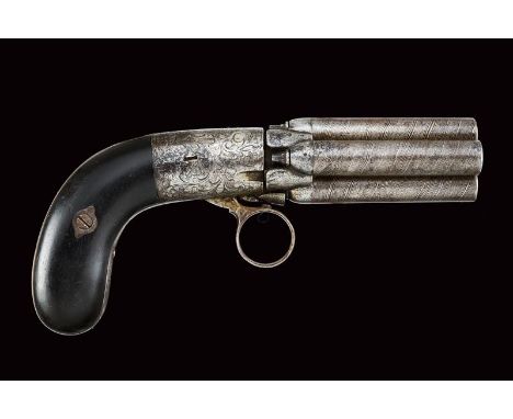 dating: about 1855 provenance: Belgium, Group of four round, smoothbore, numbered, 9 mm cal barrels made of damask; frame of 