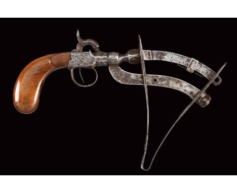 dating: Mid 19th Century provenance: Europe, Shaped as a pocket guns, with a boxlock type frame engraved with floral motifs a