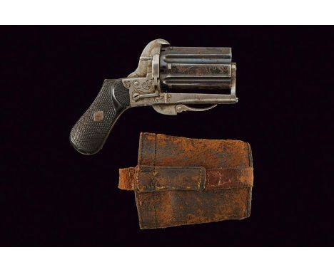 dating: about 1870 provenance: Belgium, Grooved, six-shot cylinder/barrel group, engraved with floral motifs and browned, 9 m