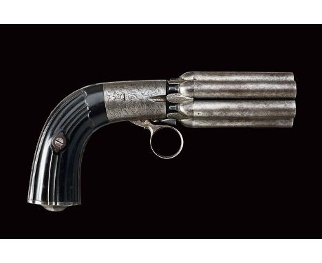 dating: about 1855 provenance: Belgium, Group of six round, smoothbore, 9 mm cal barrels in damask, with numbers; frame of al