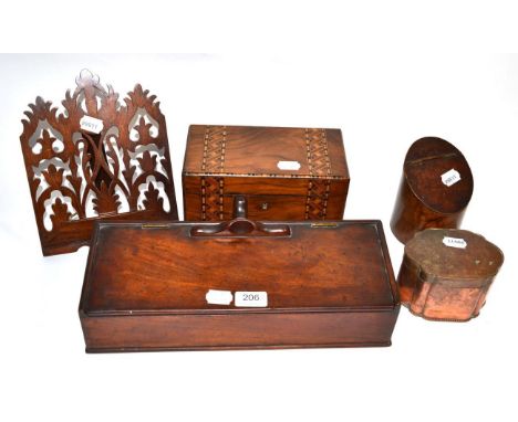 A George III mahogany cylindrical caddy; a mahogany handled spice box of similar date; a 19th century Tunbridgeware and rosew