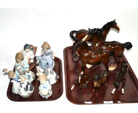 A group of Beswick horses, brown gloss; together with a group of Lladro and Nao figures and animals 