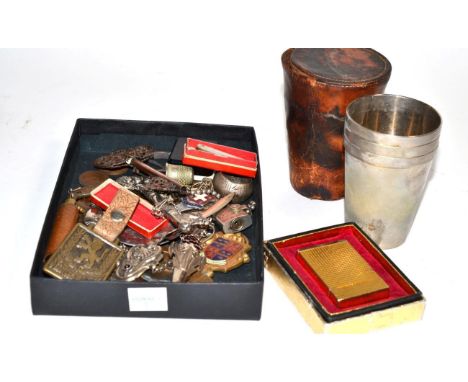 Plated chatelaine; gilt metal key; lighter; assorted coins; two enamel spoons; two thimbles; a 1939 seal for State of Califor