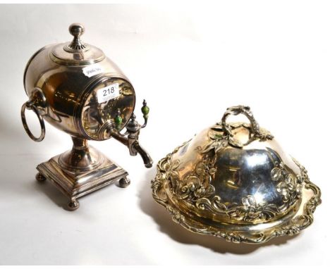 A 19th century silver plated barrel form brandy decanter, the tap with green stained ivory handles; together with a Storr &am