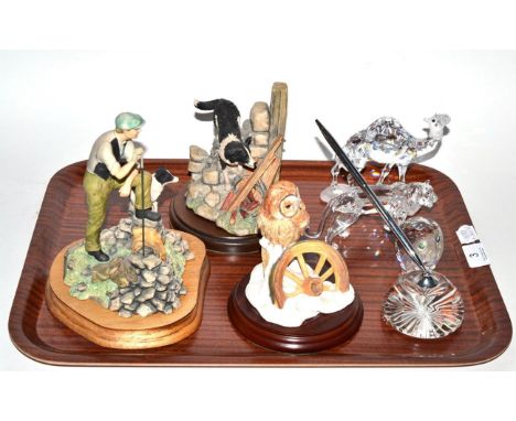 Three Swarovski animal figures of an owl, camel and lion; Edinburgh crystal pen holder; four glass ship models; three Royal D