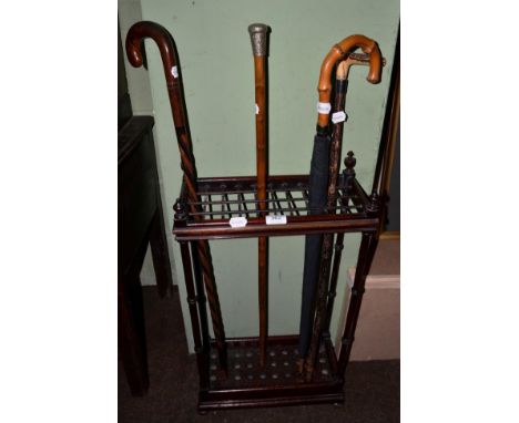 A 19th century mahogany stick stand with iron grille containing a Turkish carved walking cane, decorated with intertwining sn