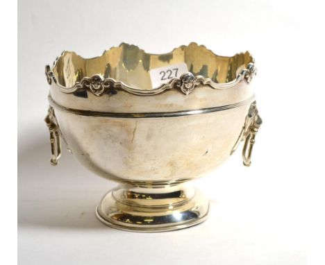 An Edwardian twin handled silver pedestal rose bowl, William Hutton, Birmingham 1907, with lion mask handles , 18cm diameter,