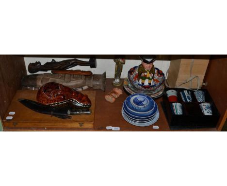 Japanese ceramics, Royal Copenhagen plates, carving set (lacking fork), modern tribal masks etc
