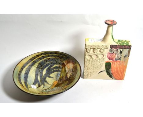Square ceramic bottle by Gilbert Portanier 1985 and a Chelsea pottery bird dish 