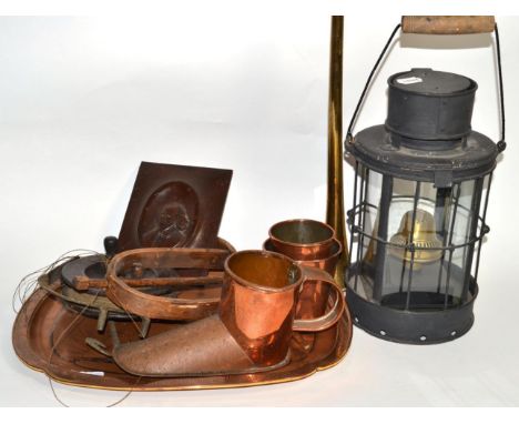 A group of miscellaneous including a lantern, Hickory wool winder; copper measures; leather dice shaker; wooden Scarborough r