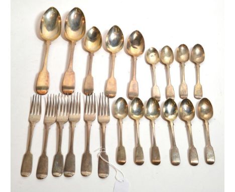 A group of silver fiddle pattern flatware, 19th Century, various dates and makers, including 5 dessert forks; a pair of table