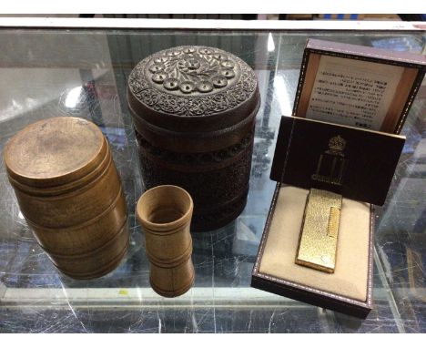 Vintage Dunhill gold plated bark effect lighter in original box with booklet, together with a Burmese carved wood tobacco pot