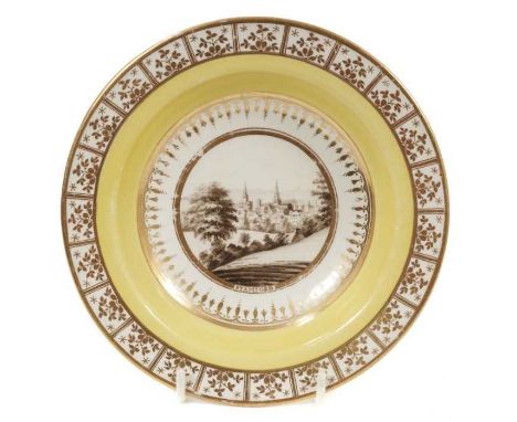 A Chamberlain’s Worcester small plate, circa 1800, painted with a named view of Stamford, on a yellow and gilt-patterned grou