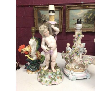 19th century Dresden Cupid table lamp, Continental figure lamp and a cockerel lamp (3)