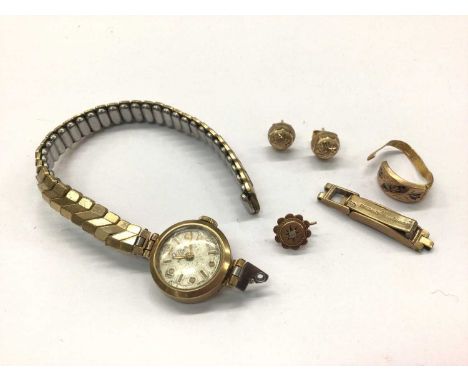 9ct gold cased watch on plated bracelet, 9ct gold watch strap clasp, pair 9ct gold earrings, 9ct gold stud and 15ct gold ring