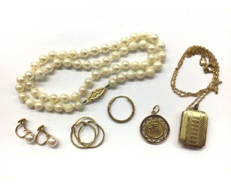 Group of gold and yellow metal  jewellery to include Chinese pendant stamped 14k, 9ct gold locket on 9ct gold chain, pearl ne