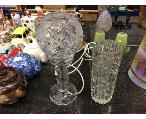 A cut and etched glass lamp with floral decoration, in the style of Waterford, 35cm high, together with a Czech glass vase (2